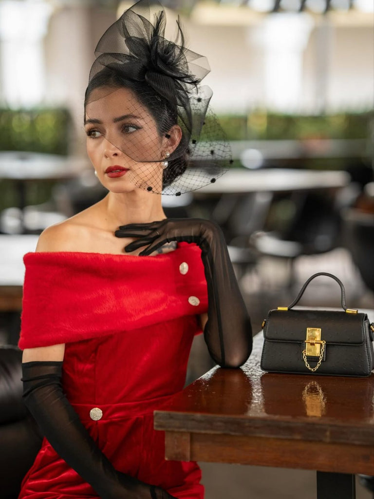 Rot 1950er Samt Schulterfrei Taste Jumpsuit