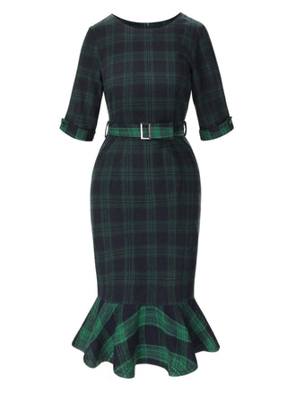 1930er Rundhalsausschnitt Tartan Plaid Meerjungfrauenkleid