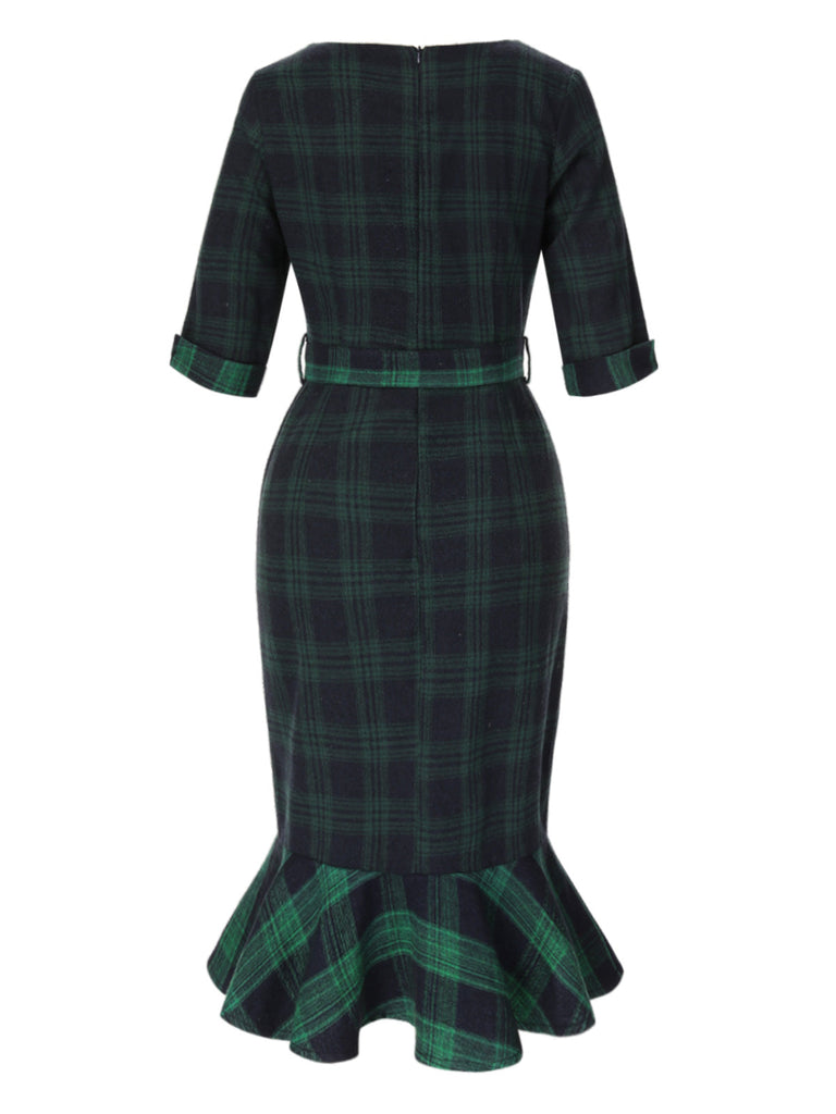 1930er Rundhalsausschnitt Tartan Plaid Meerjungfrauenkleid