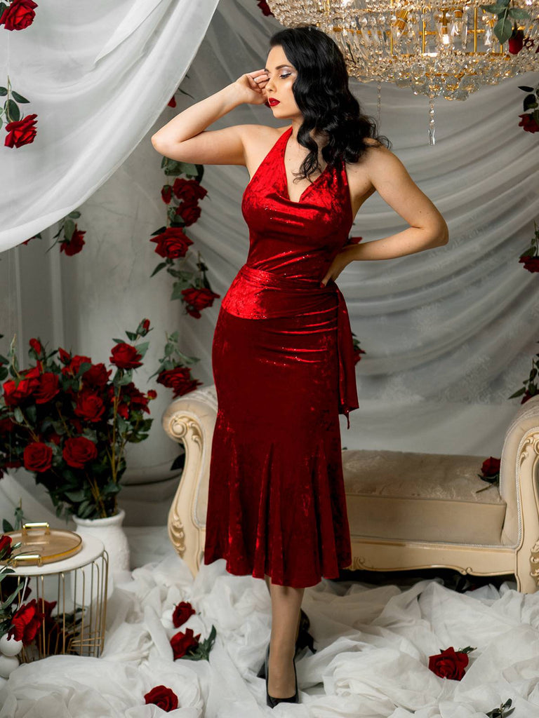 Tiefrot 1930er Funkeln Schaukelkragen Meerjungfrauen Kleid