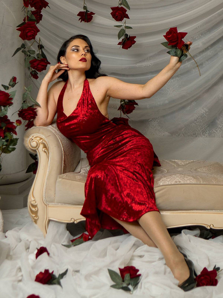 Tiefrot 1930er Funkeln Schaukelkragen Meerjungfrauen Kleid