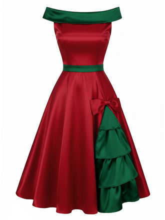 Rot & Grün 1950er Weihnachten Baum Schulterfrei Kleid