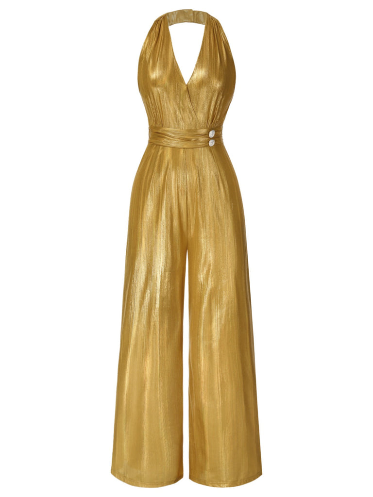 Rot 1970er Solide V-Ausschnitt Halter Jumpsuit