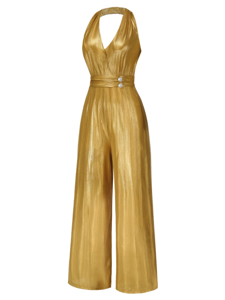 Gold 1970er Solide V-Ausschnitt Halter Jumpsuit