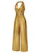 Gold 1970er Solide V-Ausschnitt Halter Jumpsuit
