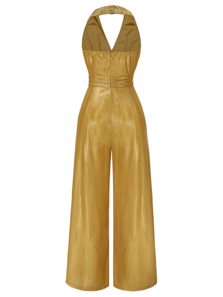 Gold 1970er Solide V-Ausschnitt Halter Jumpsuit