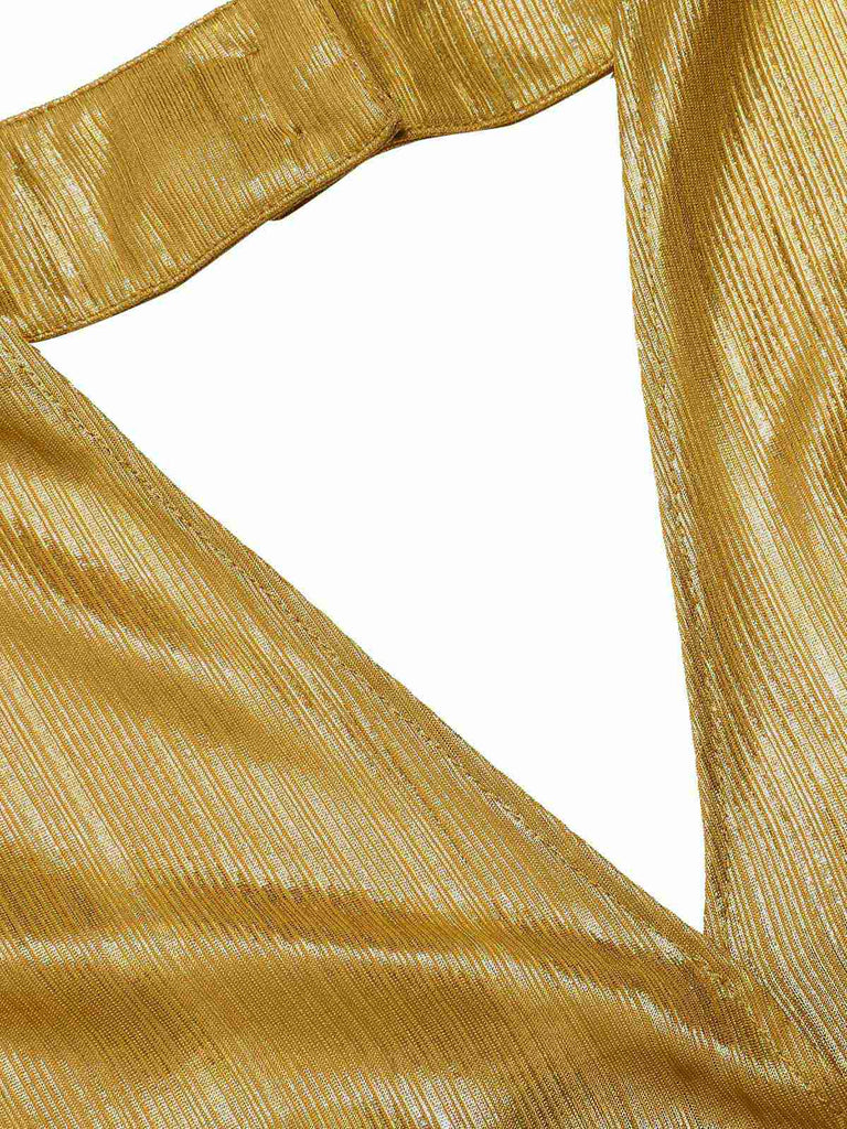 Gold 1970er Solide V-Ausschnitt Halter Jumpsuit