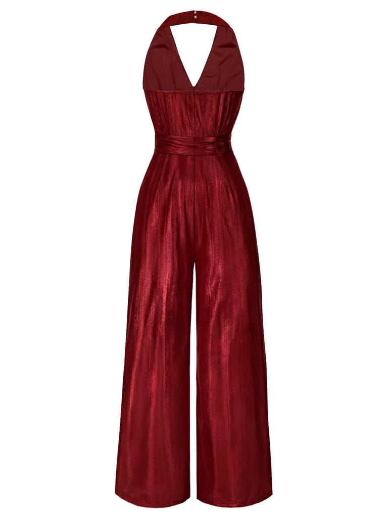 Gold 1970er Solide V-Ausschnitt Halter Jumpsuit