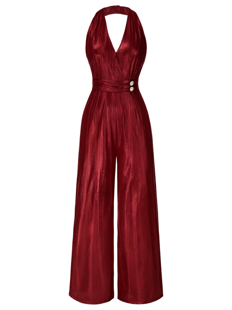 Gold 1970er Solide V-Ausschnitt Halter Jumpsuit