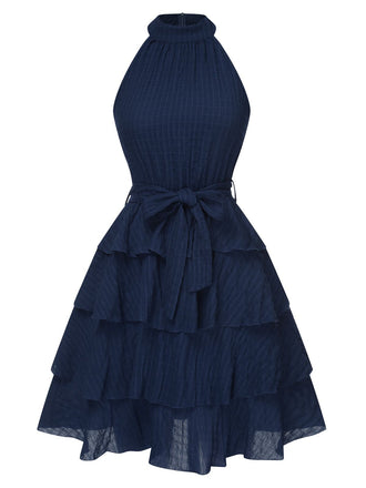 Tiefblau 1950er Solide Ärmellos Gürtel Tutu Kleid