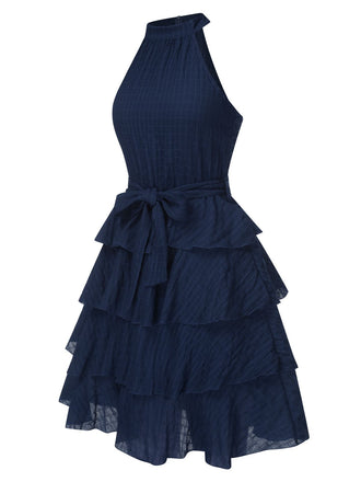 Tiefblau 1950er Solide Ärmellos Gürtel Tutu Kleid