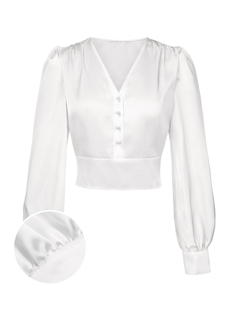 2PCS Grau 1940er V-Ausschnitt Plaid Kleid & Satin Bluse