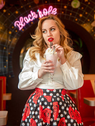 Weiß 1940er Satin V-Ausschnitt Laternenärmel Bluse