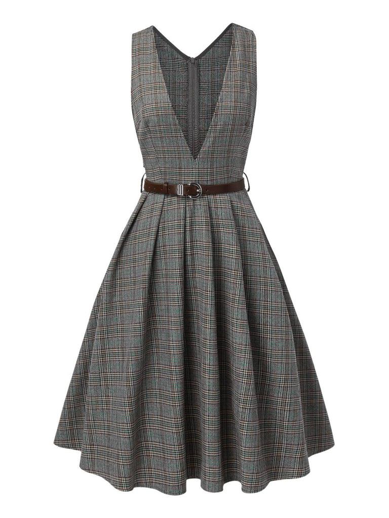 Grau 1940er Tief V-Ausschnitt Tal-Plaid Kleid