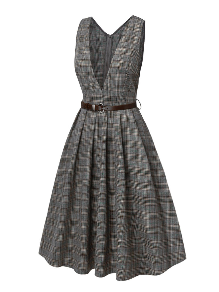 2PCS Grau 1940er V-Ausschnitt Plaid Kleid & Satin Bluse