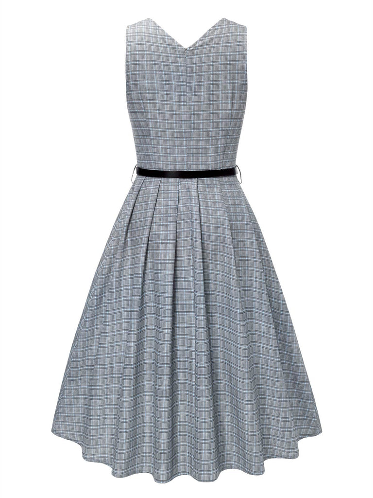 Grau 1940er Tief V-Ausschnitt Tal-Plaid Kleid