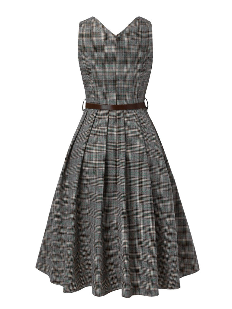 Grau 1940er Tief V-Ausschnitt Tal-Plaid Kleid