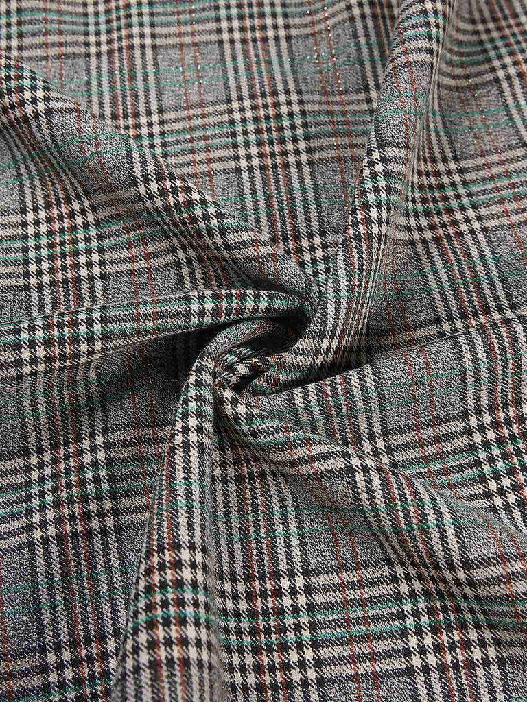 Grau 1940er Tief V-Ausschnitt Tal-Plaid Kleid