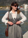 Grau 1940er Tief V-Ausschnitt Tal-Plaid Kleid