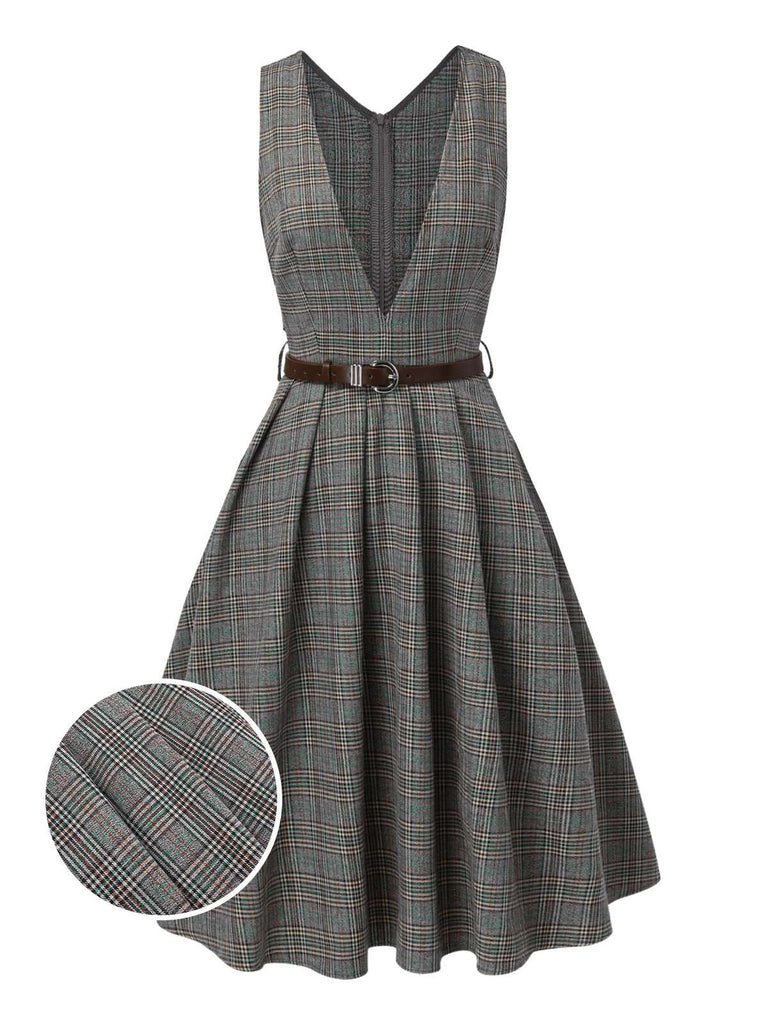Grau 1940er Tief V-Ausschnitt Tal-Plaid Kleid