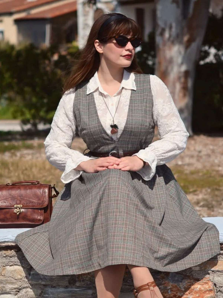 Grau 1940er Tief V-Ausschnitt Tal-Plaid Kleid