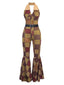 Braun 1970er geometrisches Muster Patchwork Halter Jumpsuit