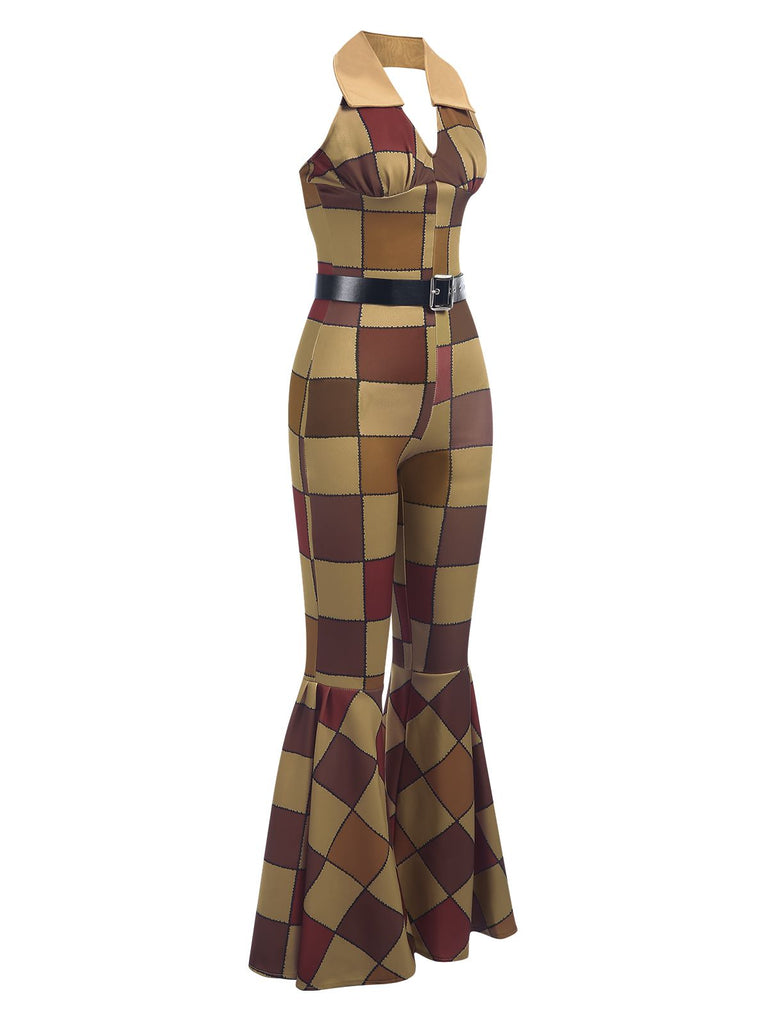 Braun 1970er geometrisches Muster Patchwork Halter Jumpsuit