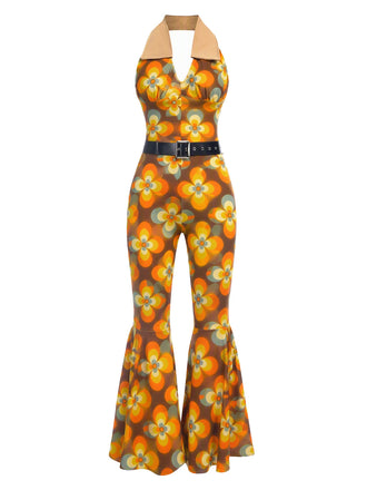 70er Jumpsuit mit Blumen-Patchworkmuster und Neckholder