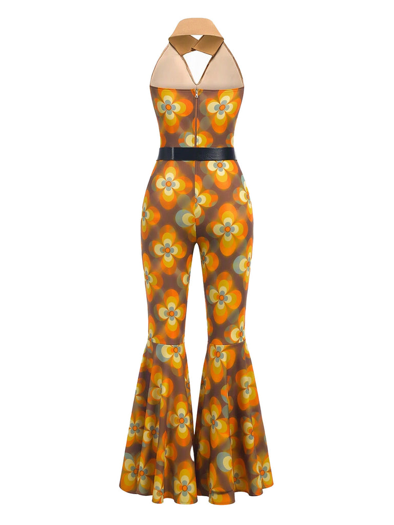 70er Jumpsuit mit Blumen-Patchworkmuster und Neckholder