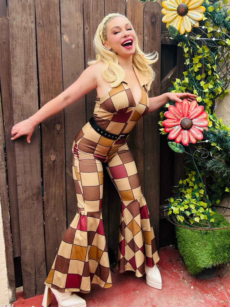 Braun 1970er geometrisches Muster Patchwork Halter Jumpsuit