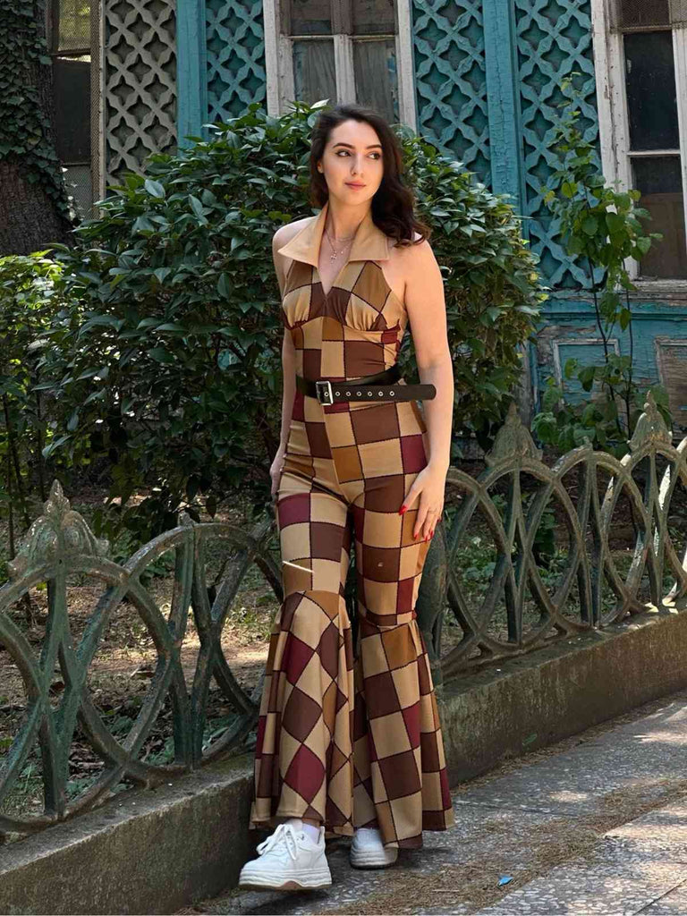 Braun 1970er geometrisches Muster Patchwork Halter Jumpsuit