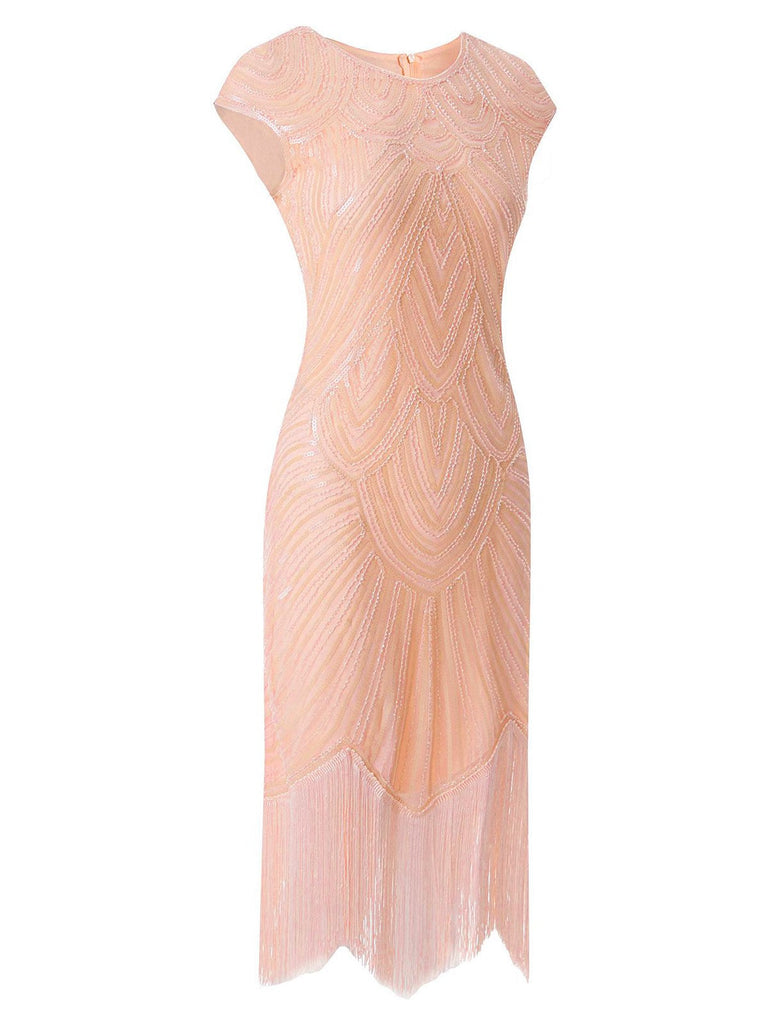 [Vorverkauf] Rosa 1920er Quaste Flügelärmel Pailletten Kleid