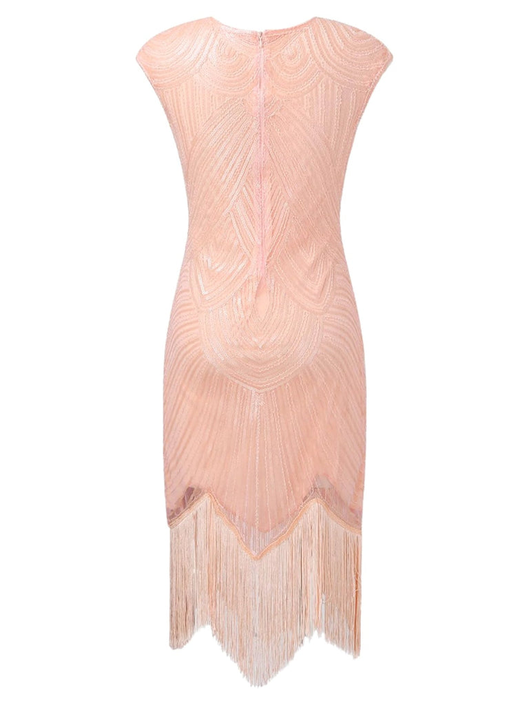 [Vorverkauf] Rosa 1920er Quaste Flügelärmel Pailletten Kleid