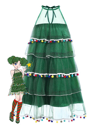 Grün 1960er Pom-Pom Weihnachten Baum Kleid