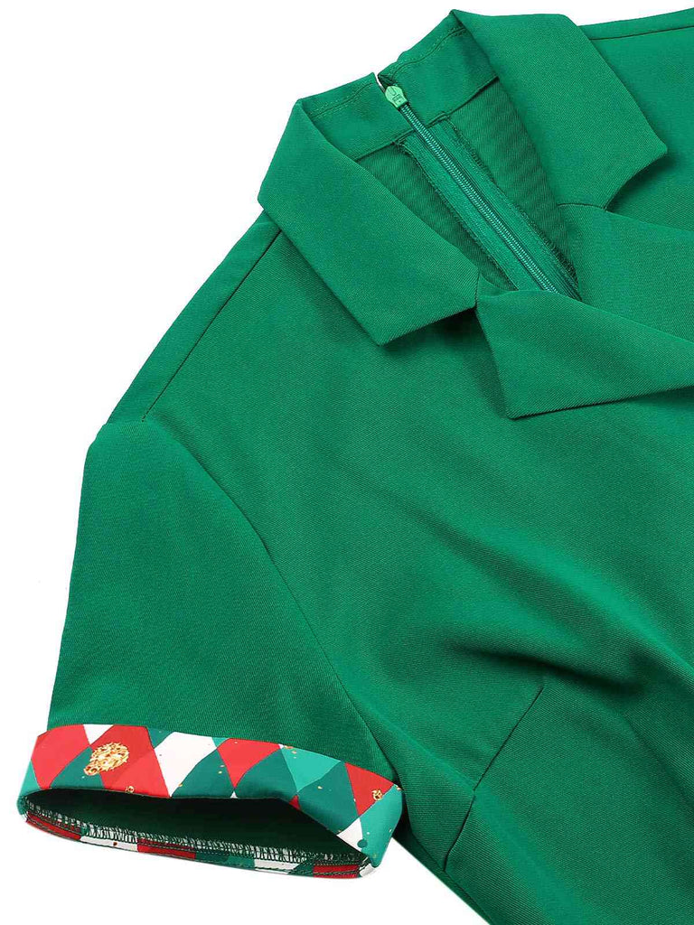 Grün 1940er Bunt Plaid Gekerbter Kragen Kleid