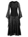 Schwarz 1980er V-Ausschnitt Blumen Spitze Kapuze Kleid