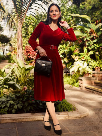 1950er Solide Samt V-Ausschnitt Swing Kleid