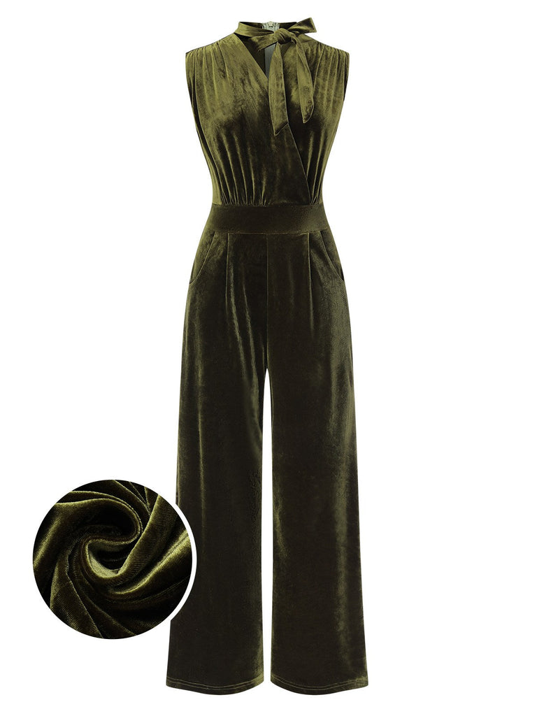 Grün 1940er Krawattenhals Samt Jumpsuit
