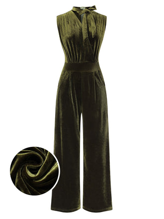 Grün 1940er Krawattenhals Samt Jumpsuit