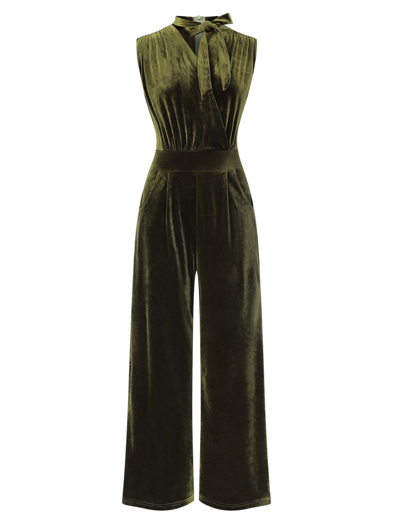 Grün 1940er Krawattenhals Samt Jumpsuit