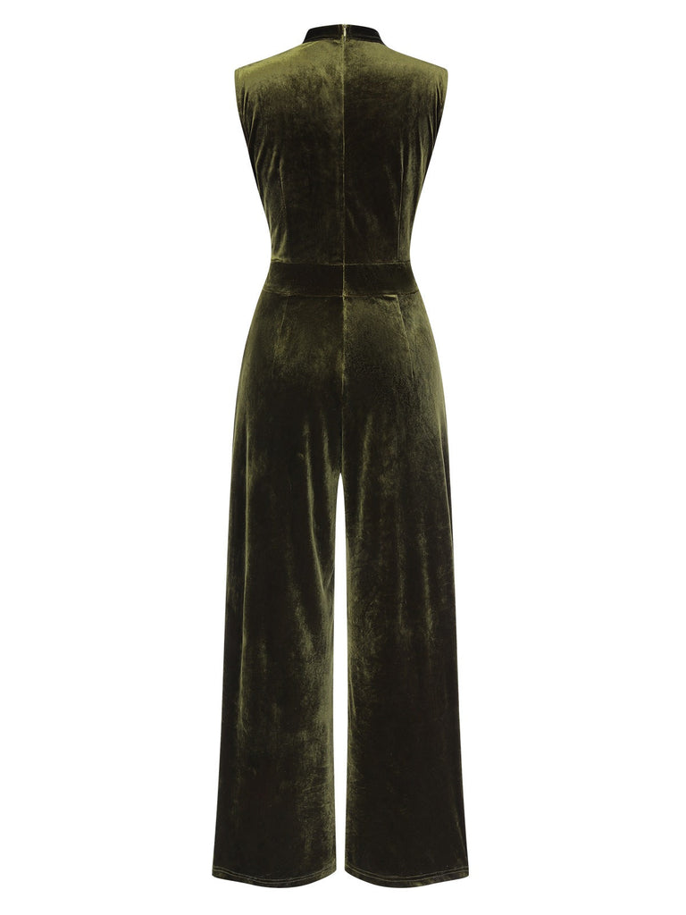 Grün 1940er Krawattenhals Samt Jumpsuit