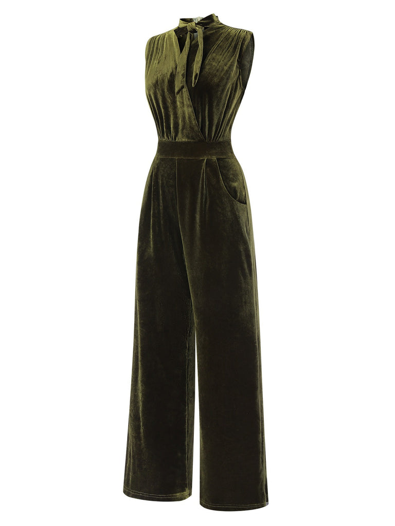 Grün 1940er Krawattenhals Samt Jumpsuit
