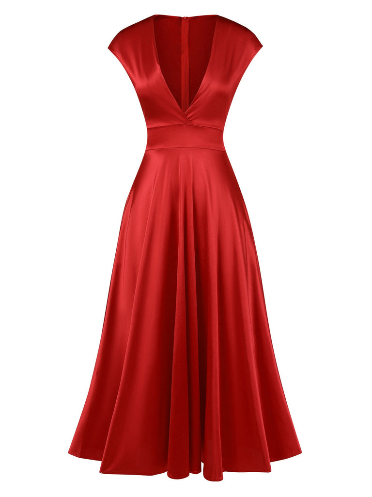 Rot 1930er Solide Tiefer V-Ausschnitt Satin Kleid