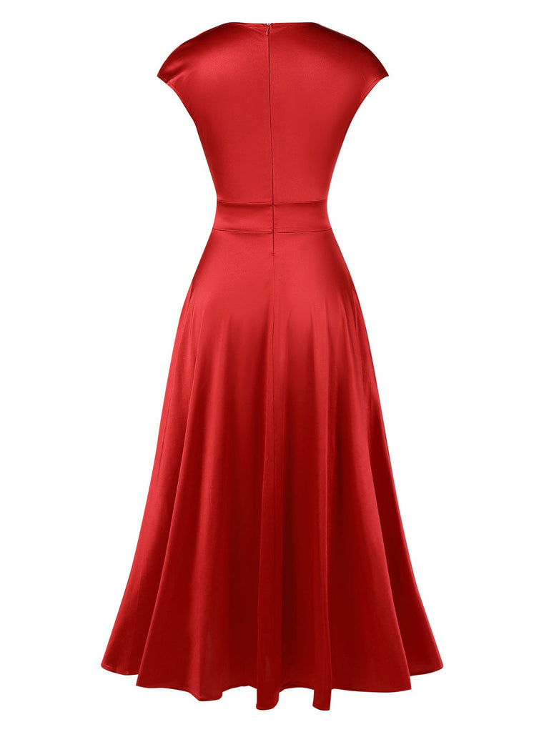 Rot 1930er Solide Tiefer V-Ausschnitt Satin Kleid