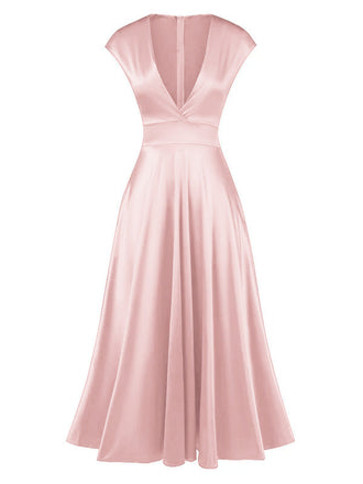 Rosa 1930er Solide Tiefer V-Ausschnitt Satin Kleid