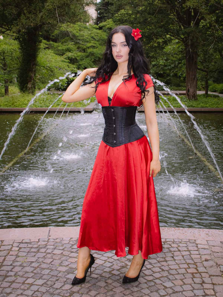 Rot 1930er Solide Tiefer V-Ausschnitt Satin Kleid