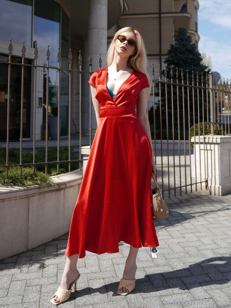 Rot 1930er Solide Tiefer V-Ausschnitt Satin Kleid