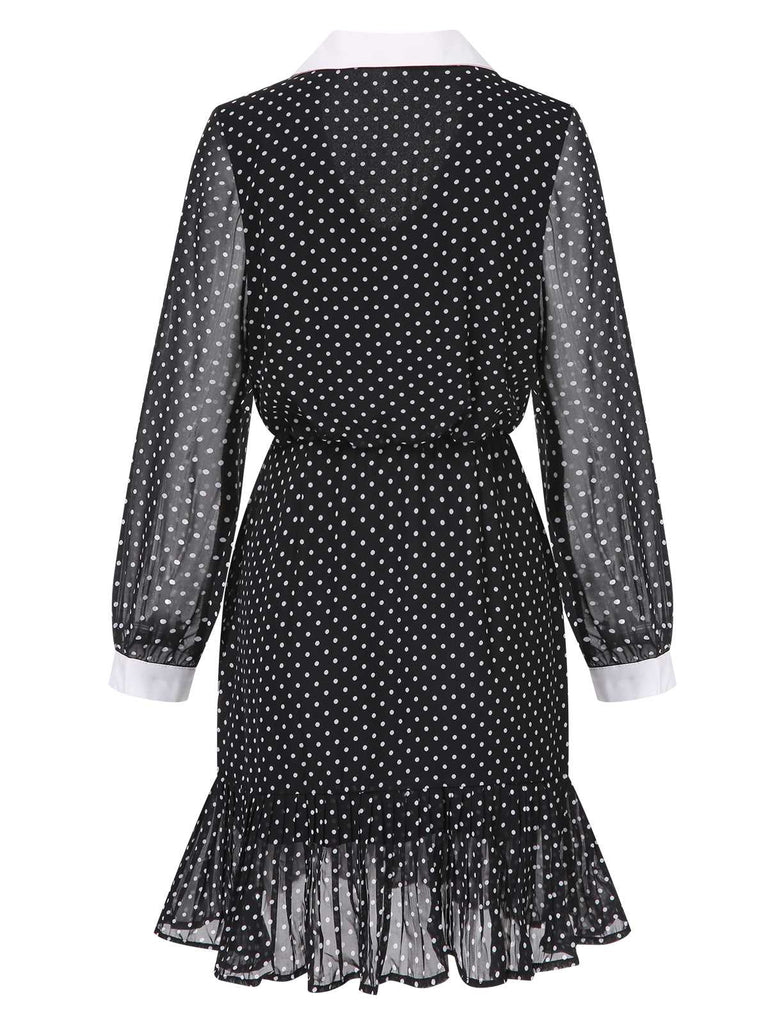 Schwarz 1940er Polka Dot Kontrast Kragen Kleid
