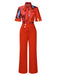 2PCS Rot 1950er Abstrakte Drucke Bluse & Solide Hosen
