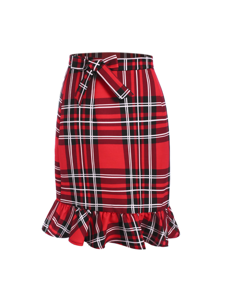 Rot 1970er Tartan Plaids Bogen Rüschen Rock
